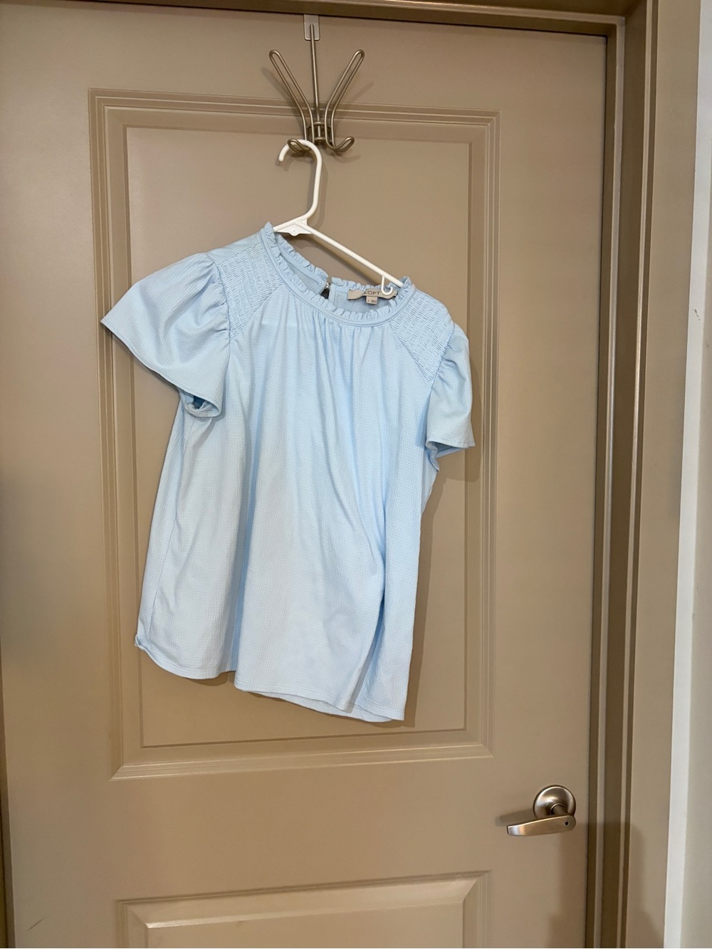 LOFT Light Blue Smocked Shoulder Ruffle Neck Blouse - Picture 3 of 6